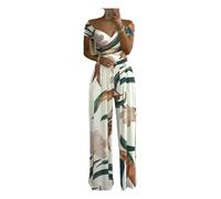 HMHOOXU Women's jumpsuitWomen's Clothing Printed Short Sleeve Tops High Waist Wide Leg Pants Jumpsuit-White background leaves-S