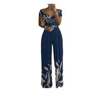 HMHOOXU Women's jumpsuitWomen's Clothing Printed Short Sleeve Tops High Waist Wide Leg Pants Jumpsuit-Deep blue and red flowers-XL