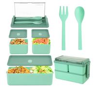 HMIEPRS 1400ml Lunch Box, Bento Lunch Box Adults Kids with 2 Layer 3 Removable Compartments and Spoon Fork, Microwave Dishwasher Safe Lunchbox for School Kindergarten Office (Green)