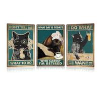 HMIEPRS 3Pcs Vintage Metal Tin Sign, Retro Black Cat Metal Wall Sign Plague Poster, Funny Cat Tin Sign Wall Art Decor for Home Bedroom Bathroom Kitchen Cafe Bar Shop Gifts, 12 x 8 inch (Style C)