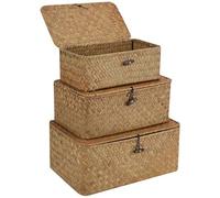HMIEPRS 3Pcs Wicker Storage Baskets with Lids, Stackable Seagrass Storage Baskets, Natural Rattan Woven Rectangular Organizer, Laundry Basket Makeup Boxes for Toys Cosmetics Bathroom Kitchen