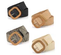 HMIEPRS 4 Pieces Straw Woven Women Belts, Elastic Stretch Waistband with Wooden Buckle, Fashion Boho Ladies Braided Belts, Wide Belts for Women Skinny Dresses Jeans Pants (Square)
