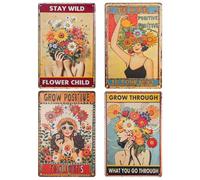 HMIEPRS 4PCS Vintage Metal Tin Sign, Girl Flora Metal Painting Decor, Garden & Kitchen Poster, Inspirational Sign Home Wall Art Decor for Home Kitchen Bar Club Decoration (12×8 Inch)