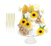 HMIEPRS 60Pcs Flower Cake Decorations with 6 Spiral Candles, Gold Balls Butterflies Birthday Cake Topper, Boho Flowers Cake Decoration for Wedding Birthday Performance DIY Party Baby Shower