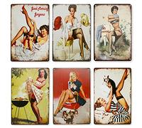 HMIEPRS 6Pcs Vintage Metal Tin Sign, Sexy Pinup Girl Lady Plague Poster, Black Stockings Temptation Retro Tin Signs Wall Art Decor for Home Cafe Bar Pub (12x8 Inch)