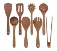 HMIEPRS 8Pcs Wooden Kitchen Utensils Set, Non-Stick Natural Wooden Spoons for Cooking, Heat Resistant Kitchen Essentials Cooking Utensils Set Including Wood Spatula Spoons Salad Fork Bread Clip