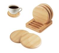 HMIEPRS Wooden Coasters Set of 6, Round Cup Coasters with Holder, 4 Inch Blank Bamboo Drink Coaster, Non-Slip Coffee Beer Drinks Mat Cup Pad for DIY Drawing Home Office Tabletop Protection