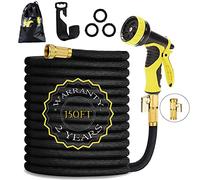 HmiL-U Garden Hose 150ft 45m Strongest Double Latex Inner Tube Prevent Leaking Magic Hosepipe with 9 Function Spray Gun+Solid Brass Fittings (Retracted Length 50ft)【2 YEARS 100% Guaranteed】(150ft)