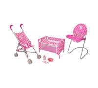 HMIR Dolls Nursery Playset 3 in 1 - Baby Doll Stroller, High Chair & Cot Bed. Feeding Accessories Toy Kit. Furniture Set Fits 18 Inch 45cm Dolls. Gift for Girls & Kids Age 3+