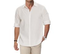 HMIYA Linen Shirt Men's Long Sleeve Shirt Button Down Casual Shirt Regular Fit Stand-Up Collar Shirt, White, M