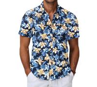 HMIYA Men's Hawaiian Shirt Men 100% Cotton Unisex Short Sleeve Front Pocket Button Down Summer Leisure Holiday Beach, Blue Light Yellow Flowers, XXL
