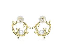 HMJGDHX Boucles d'oreilles en Argent Sterling 925 pour Femmes, Boucles d'oreilles en Forme de Fleur grimpante, en Perles, en Forme d'éventail de Feuilles de Fleurs