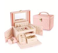 HMJGDHX Jewelry Storage Box Gift for Women Jewelry Box PU Leather Showcase Solid Color The Large Capacity with Mirror Versatile Fashion Storage Box for Jewelry New Year Presents (Rose red) (Naked)