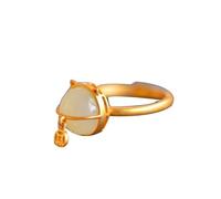 HMJGDHX S925 Silver Gold-Plated Natural Hetian White Jade Fortune Cat Ring (Adjustable Opening) 2for Women Genuine