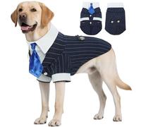 HMJGDZG Navy Blue Dog Tuxedo - Formal Pinstripe Pet Suit Shirt with Satin Tie, Elegant Wedding Outfit Birthday Party Attire for Golden Retriever Husky Border Collie Large Dogs (Polyester), XXL