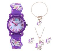 HMJIA Analogue Watches for Children, Watch Boy and Girl, Waterproof Watch for Children of 30 m, Teaching Watches, Cartoon Watch with Silicone Strap, Purple Unicorn Set