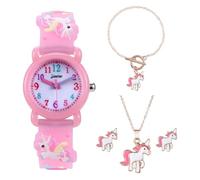 HMJIA Analogue Watches for Children, Watch Boy and Girl, Waterproof Watch for Children of 30 m, Teaching Watches, Cartoon Watch with Silicone Strap, Pink Unicorn Set