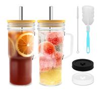 HMJIA Glass Cup with Lids and Straws 24oz/700ml Mason Jar Drinking Glass with Handle Straw Brush Cup Brush for Water Iced Tea or Coffee (2, 700ml)