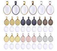 Hmjpng 48pcs Bezel Pendant Blanks Set, 24pcs 6 Colors Oval Pendant Trays Bezel Blanks with 24pcs Glass Cabochons Clear Dome Tiles for DIY Bracelet Necklace Jewelry Crafts Making