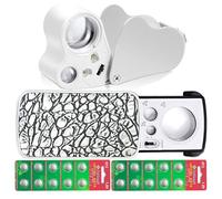 HMKIS Jewelers Loupe, 2 Pack Magnifying Glass with Light, 30X 60X 90X Jewelers Loop Magnification with 20 Backup Batteries for Coin, Diamonds, Gems, Jewelry, Stamps Close Work (White)