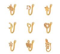 HMOOY 9Pcs Fake Nose Rings, Gold African Nose Cuff Non Piercing Clip On Nose Ring Nose Clip Nose Ring Fake Nose Ring Cuff Nose Clip Jewellery for Women Men (Gold)