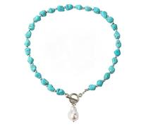 HMOOY Turquoise Necklace, Boho Long Turquoise Beaded Necklace Vintage Ethnic Bohemian Turquoise Pendant Necklace Statement Western Turquoise Jewellery for Women (Pearl)