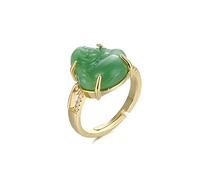 HMOOY Buddha Ring, 18k Gold Plated Lucky Laughing Buddha Ring Adjustable White/Green Jade Buddha Open Ring Lucky Jewellery for Women Men (Green)