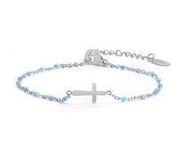 HMOOY Christian Cross Bracelet for Women, New Gold Cross Border Beaded Bracelet Rosary Bracelet Hand Chain Birthday Communion Confirmation Baptism Christians Gifts for Women (Blue-Silver)