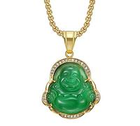 HMOOY Lucky Laughing Buddha Necklaces, Green Jade Buddha Necklace Buddha Cubic Zirconia Pendant Necklace With 18K Gold Plated Chain Feng Shui Jewellery for Women Men (Green)