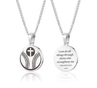 HMOOY Sports Athletes Necklace with Inspiring Bible, Stainless Steel Cross Pendant Chain with Phil 4:13 Baseball Basketball Football Hockey Soccer Volleyball Pendant Jewelry Gifts for Men, Adjustable