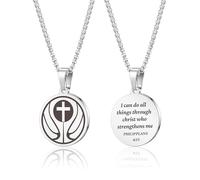 HMOOY Sports Athletes Necklace with Inspiring Bible, Stainless Steel Cross Pendant Chain with Phil 4:13 Baseball Basketball Football Hockey Soccer Volleyball Pendant Jewelry Gifts for Men, Adjustable
