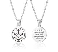 HMOOY Sports Athletes Necklace with Inspiring Bible, Stainless Steel Cross Pendant Chain with Phil 4:13 Baseball Basketball Football Hockey Soccer Volleyball Pendant Jewelry Gifts for Men, Adjustable