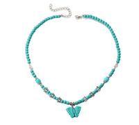 HMOOY Turquoise Necklace, Boho Long Turquoise Beaded Necklace Vintage Ethnic Bohemian Turquoise Pendant Necklace Statement Western Turquoise Jewellery for Women (Butterfly)