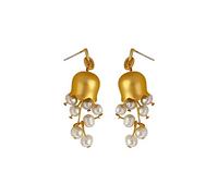 HMOOY Vintage Lily Pearl Earrings,Gold Bell Dangle Earring Lotus Flower Carved Tassel Trumpet Botanical Earrings Bell Drop Jewelry For Women