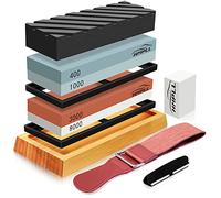 HMPLL Knife Sharpening Stone Set, Whetstone Knife Sharpener Stone Set 4 Side Grit 400/1000 3000/8000, Professional Include Non-Slip Bamboo Base, Leather Strop, Flattening Stone & Angle Guide