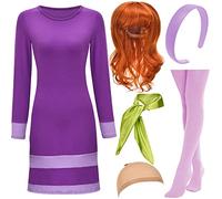 HMPRT Halloween Costume Women 2022,Purple Mini Dress,Purple Headband,Costumes Wig,Green Scarf,Socks Adult Halloween Outfit Accessories,S
