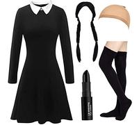 HMPRT Halloween Costumes for Women - White Collar Long Sleeve Black Dress, Black Braided Wig and Sock, Black, Medium