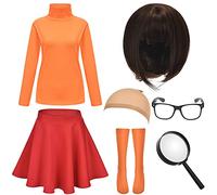 HMPRT Halloween Deluxe Adult Costume for Women,Brown Bob Wig,Turtleneck Top,Skater Skirt,Magnifying Glass,Socks and Glasses, Orange, XX-Large