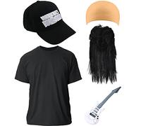 HMPRT Waynes World Hat, Adult Black Mullet Wig and Wig Cap, Inflatable Wayne's World Costume Guitar, Black T-Shirt for 80s 90s Halloween,L