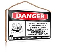 HMQW Diy Door Front Sign Danger Permit Required Confined Space Burial Hazard Could Cause Death Wooden Sign Funny Bathroom Signs Porch Decor(15X28CM)