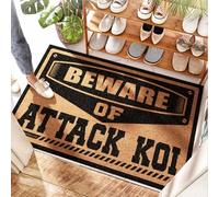 HMQW Funky Front Door Mat Absorbent Scalloped Edge | Beware Of Attack Koi Crazy Non Slip For Kitchen Sink Floor Home(65X90CM)