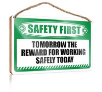 HMQW Spring Signs For Home Decor Safety First Tomorrow The Reward For Working Safely Today Wooden Sign Funny Decor For Home Bathroom Door Signs For Home(23X35CM)