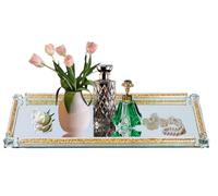 HMRCYTE Glass Perfume Tray, 13.8" x 5.9" Golden Crystal Mirror Perfume Tray for Vanity Jewelry Trinket Cosmetic Makeup Display Serving Trays for Dresser Crushed Diamond Home Decor Countertop Organizer