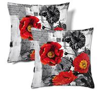 HMS Happy Memories Velvet Cushion Cases Square Decorative Throw Pillow Cover 45x45cm(18x18 Inch) Set of 2 for Couch Sofa Bed Living Room Bedroom (Grey and red Flower Garden)