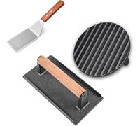 Hmseng Burger Press 7" Round & 8.2‘’X4.3”Rectangle,Heavy-Duty Cast Iron Grill Press with Wood Handle, Bacon Press,Sandwich Press -2 Set