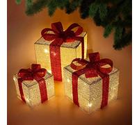 HMSR® Christmas Decorations Sale Pre Lit Light Up Christmas Glitter Parcels Gift Box Illuminated Presents Ornaments Battery Operated Set of 3 (Silver)