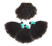 HmtAfro Afro Kinky Curly Bundles and Closure 9A Grade Brazilian Hair (Natural Color) (14'' 16'' 18''+12'' closure)