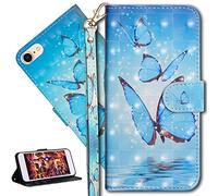 HMTECH iPhone SE Case 3D Cute Blue Butterfly PU Leather Wallet Flip Case with Kickstand Card Holder Bookstyle Magnetic Closure Cover for iPhone SE/iPhone 5 5S,Blue Butterfly