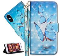 HMTECH iPhone X XS Case 3D Cute Blue Butterfly PU Leather Wallet Flip Case with Kickstand Card Holder Bookstyle Magnetic Closure Cover for iPhone X XS 5.8 Inch,Blue Butterfly