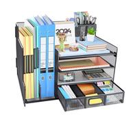 HMXLJJY Desk Organizer with Mesh File Holder, 4-Tier Office Supplies Desk Organizers and Accessories with Sliding Drawers & Pen Holder, Desk File Organizer and Storage for Office, School, Home, Black